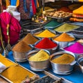 A vibrant Indian market with colorful fabrics and spices on display1, Generative AI