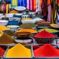 A vibrant Indian market with colorful fabrics and spices on display4, Generative AI
