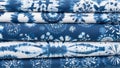 Vibrant indigo batik fabrics with traditional white patterns Royalty Free Stock Photo