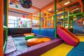 Vibrant Indoor Play Area With Slide for Fun and Playful Activities, A brightly colored indoor playground with a trampoline and