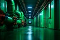 vibrant industrial room featuring green pipes, reflective floor, and clock on wall, creating unique atmosphere of functionality Royalty Free Stock Photo
