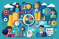 A vibrant infographic showcases individuals collaborating, analyzing data, and utilizing various tools in a professional business