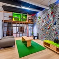 A vibrant and interactive playroom with a climbing wall, a slide, and a dedicated arts and crafts area3, Generative AI