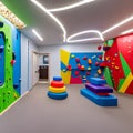 A vibrant and interactive playroom with a climbing wall, a slide, and a dedicated arts and crafts area1, Generative AI