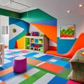 A vibrant and interactive playroom with a climbing wall, a slide, and a dedicated arts and crafts area2, Generative AI