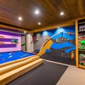 A vibrant and interactive playroom with a climbing wall, a slide, and a dedicated arts and crafts area5, Generative AI