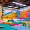 A vibrant and interactive playroom with a climbing wall, a slide, and a dedicated arts and crafts corner2, Generative AI