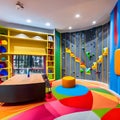 A vibrant and interactive playroom with a climbing wall, a slide, and a dedicated arts and crafts corner5, Generative AI