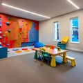 A vibrant and interactive playroom with a climbing wall, a slide, and a dedicated arts and crafts corner1, Generative AI