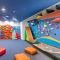 A vibrant and interactive playroom with a climbing wall, a slide, and a dedicated arts and crafts corner4, Generative AI