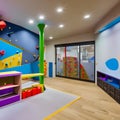 A vibrant and interactive playroom with a climbing wall, a slide, and a play kitchen1, Generative AI