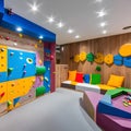 A vibrant and interactive playroom with a climbing wall, a slide, and a play kitchen5, Generative AI