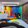 A vibrant and interactive playroom with a climbing wall, a slide, and a play kitchen3, Generative AI