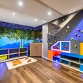 A vibrant and interactive playroom with a climbing wall, a slide, and a play kitchen4, Generative AI