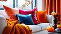 vibrant interior design with colored sofa and cushions