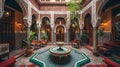 Vibrant interior of a traditional Marrakech riad, showcasing ornate tile work, richly colored fabrics, and a central courtyard Royalty Free Stock Photo