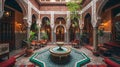 Vibrant interior of a traditional Marrakech riad, showcasing ornate tile work, richly colored fabrics, and a central courtyard