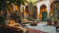 Vibrant interior of a traditional Marrakech riad, showcasing ornate tile work, richly colored fabrics, and a central courtyard