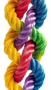 Vibrant intertwined ropes on white backdrop representing unity, diversity, and teamwork