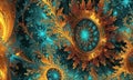 vibrant, intricate digital artwork features central circular design surrounded by complex pattern overlapping