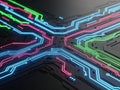 A vibrant and intricate electronic circuit board with illuminated pathways Royalty Free Stock Photo