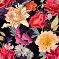 Vibrant intricately detailed fabric pattern bold flowers with adventure energy and liveliness