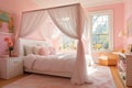 Vibrant and inviting bedroom with pastel pink walls. A white canopy bed with flowing drapes, rose-patterned bedding, and Royalty Free Stock Photo
