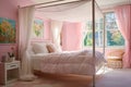 Vibrant and inviting bedroom with pastel pink walls. A white canopy bed with flowing drapes Royalty Free Stock Photo