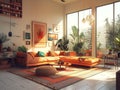 A bright and inviting living room with a large orange sofa, colorful rug, and lots of plants