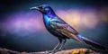 A vibrant iridescent bird perched on a rock, displaying its stunning plumage. Generative AI Royalty Free Stock Photo