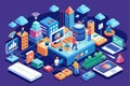 A vibrant isometric design illustrates an interactive online world filled with customizable features and characters, Online world Royalty Free Stock Photo
