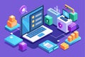A vibrant isometric illustration depicting a customizable computer login interface, data storage units, and user interaction Royalty Free Stock Photo