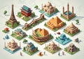 A vibrant isometric illustration showcasing various world landmarks. Notable structures include the Royalty Free Stock Photo