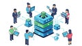Team of IT Professionals Collaborating Around a Central Data Server Network Illustration Royalty Free Stock Photo