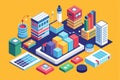 A vibrant isometric illustration shows urban buildings surrounded by data analytics tools, showcasing a blend of modern Royalty Free Stock Photo