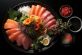 Vibrant japanese cuisine on dark matte surface, top view with space for text, realistic presentation