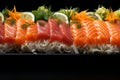 Vibrant japanese cuisine on dark matte surface, top view with space for text, realistic presentation