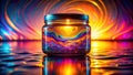 A vibrant jar filled with iridescent liquid sits on a reflective surface, bathed in swirling neon light, creating a captivating Royalty Free Stock Photo