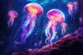 Vibrant Jellyfish glowing pink underwater color. Generate AI