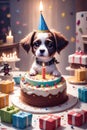 Dog sitting on top of birthday cake Royalty Free Stock Photo