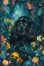 Vibrant Jungle Flora with Black Spaniel Dog Illustration on Dark Tropical Background Royalty Free Stock Photo