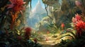 Vibrant jungle flora in sunlight, tranquil nature setting. Bromeliads. Concept of nature, tropical flora, jungle