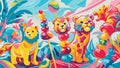 Vibrant Jungle Safari with Playful Cartoon Tigers and Lollipops