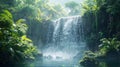 Vibrant jungle waterfall high res, lush greenery, misty waters, realistic photographic style