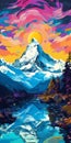 Psychedelic Mountain Painting: Vibrant Colors In Swiss Style