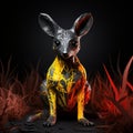 Vibrant Kangaroo Sculpture With Fire Painted In Vray Tracing Style