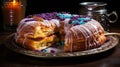 A vibrant King Cake, adorned with colorful icing that reflects the spirit of Mardi Gras ai created