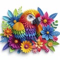 Vibrant Kirigami Parrot: Colorful Avian Beauty in a Flower Oasis, Isolated on White for Artful Delight