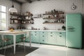 vibrant kitchen with blue tones and spring accents. Generative AI