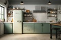 vibrant kitchen with blue tones and spring accents. Generative AI